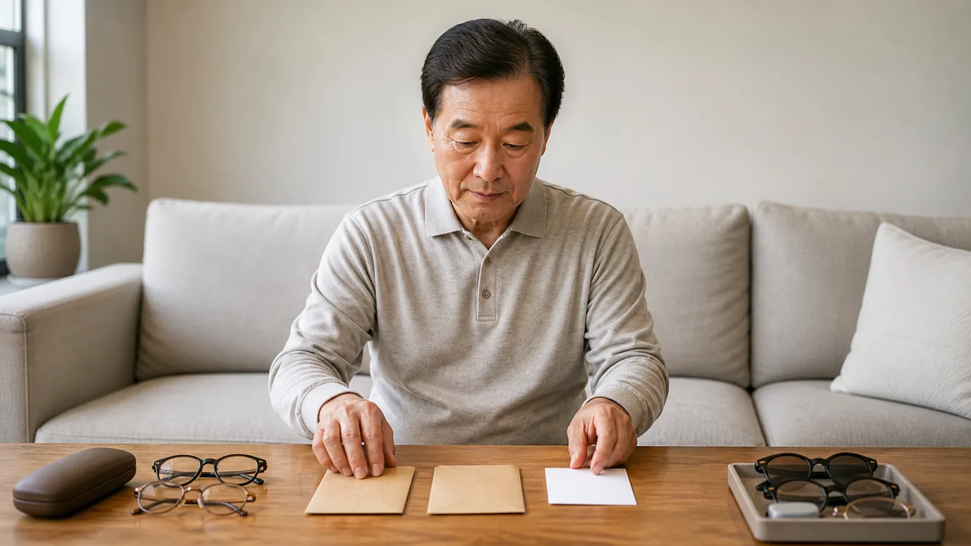 밝은 거실에서 60대 한국인 성인이 안경과 두 개의 봉인된 눈별 기록 봉투, 이동 도움을 뜻하는 무문자 카드를 나란히 정리하는 장면