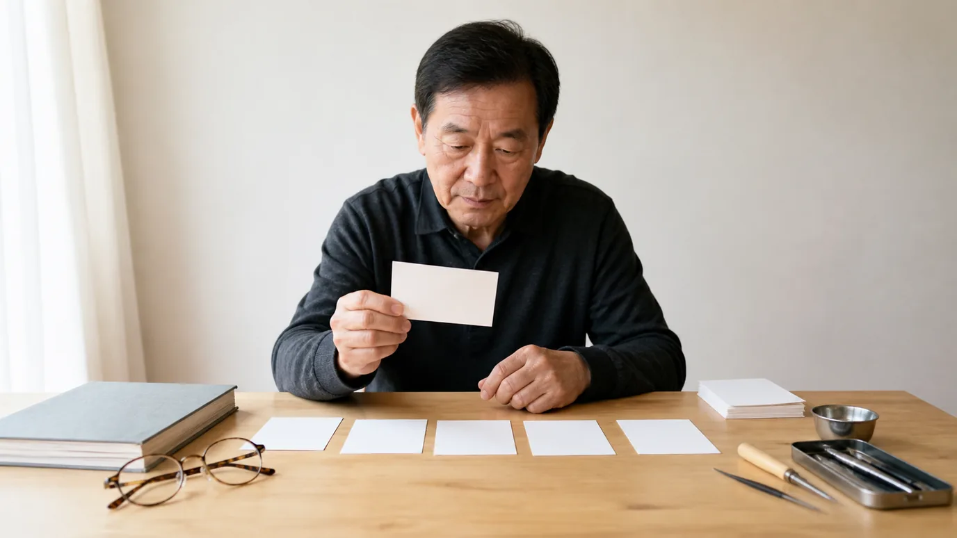 밝은 테이블에서 60대 한국인 성인이 안경과 계단·책·키보드·취미 도구를 상징하는 무문자 카드 다섯 장을 살펴보는 장면