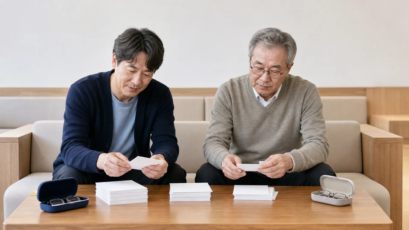 밝은 상담 대기 공간에서 40대와 60대 한국인 성인이 서로 다른 세 묶음의 무문자 목적 카드와 안경 케이스를 정리하는 장면