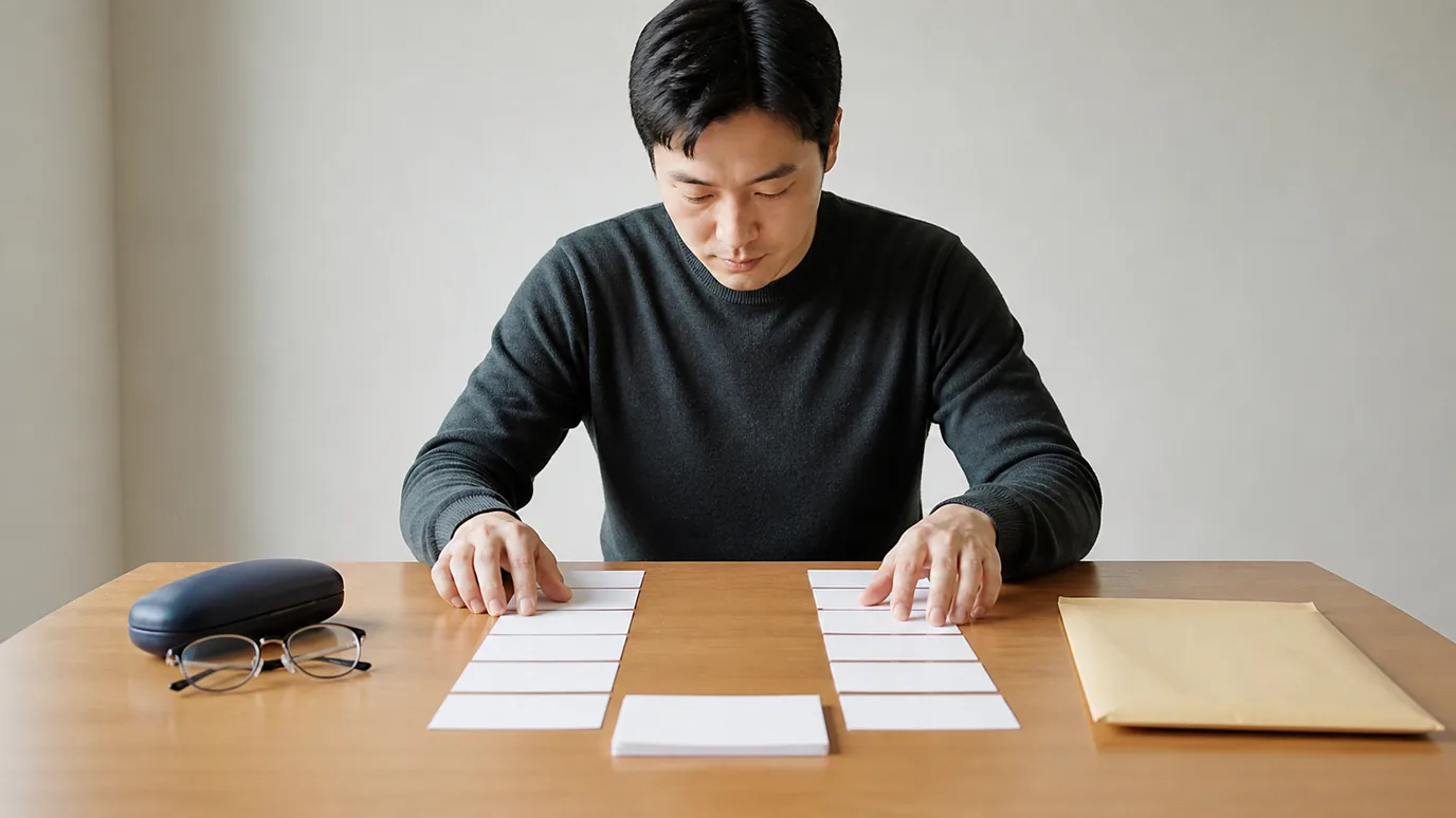 밝은 테이블에서 30대 한국인 성인이 두 갈래로 놓인 무문자 후보 카드와 안경 케이스, 봉인된 검사 봉투를 비교하는 장면