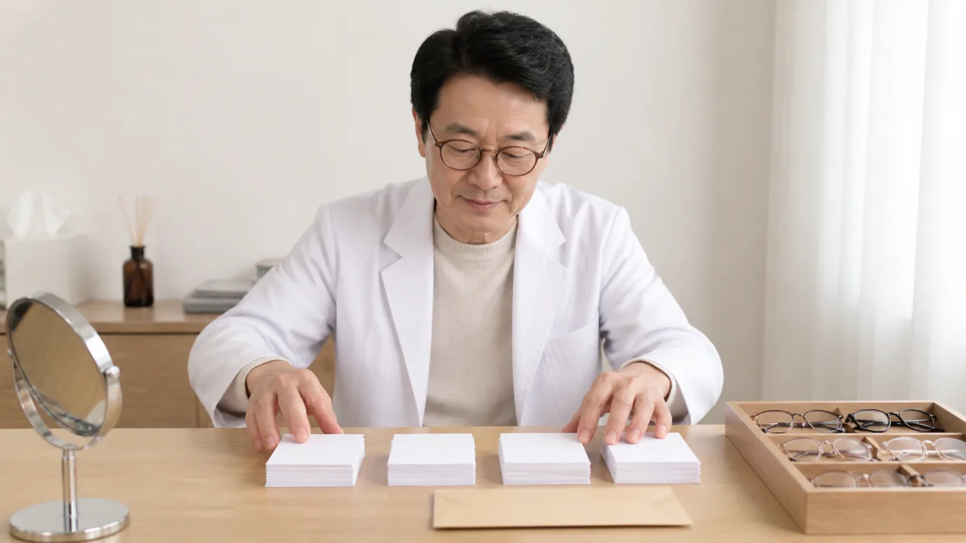 밝은 상담 공간에서 50대 한국인 성인이 네 묶음의 무문자 질문 카드와 봉인된 답변 기록 봉투를 정리하는 장면