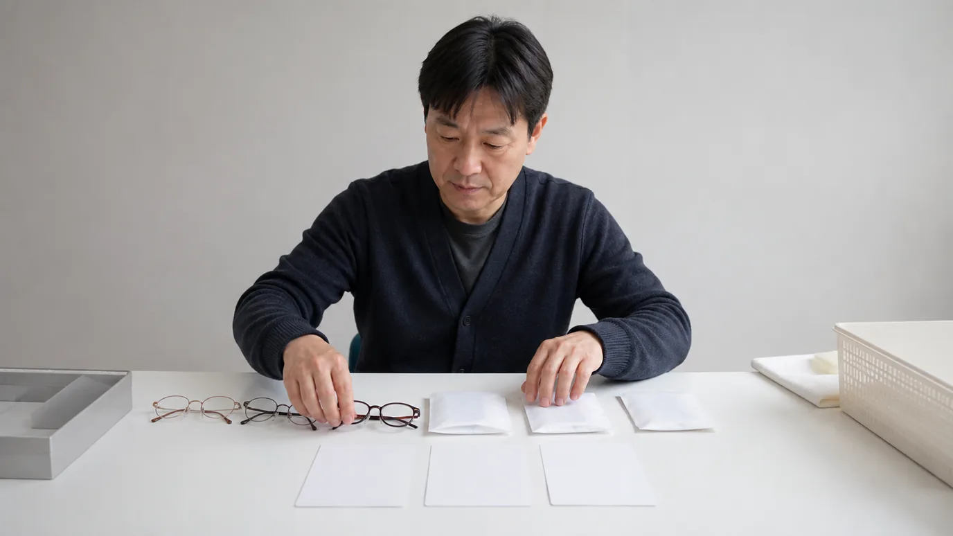 밝은 테이블에서 50대 한국인 성인이 안경과 봉인된 눈별 검사 봉투, 세 거리의 무문자 카드를 정렬하는 장면