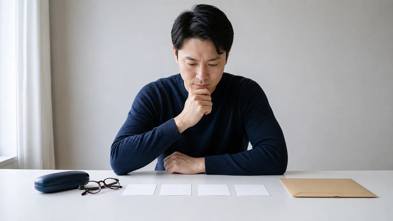 밝은 테이블에서 30대 한국인 성인이 시간순으로 놓인 네 장의 무문자 결정 카드와 안경 케이스, 봉인된 검사 봉투를 살펴보는 장면
