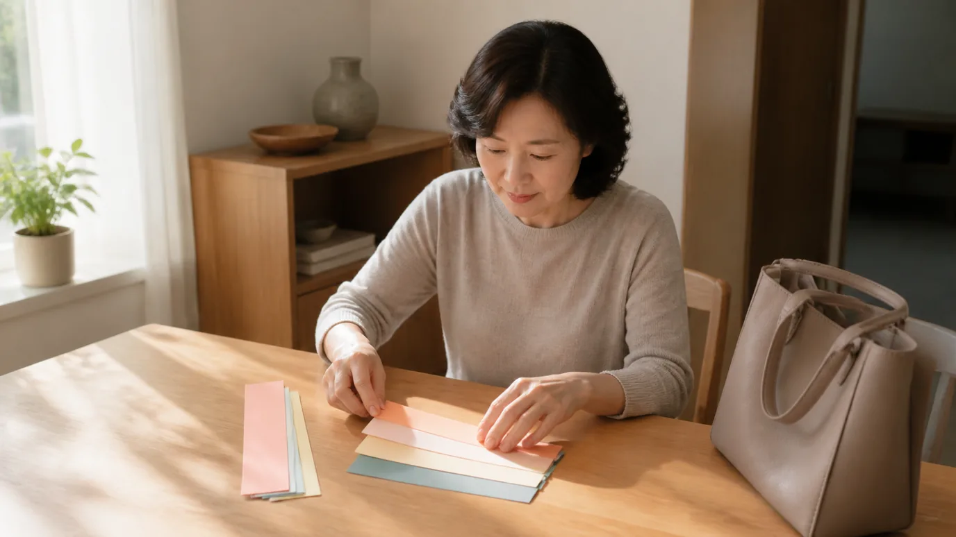 아침 햇빛이 드는 식탁에서 50대 한국인 성인이 단색 종이 띠 여러 장을 시간 순서로 포개고 외출 가방을 옆에 둔 장면