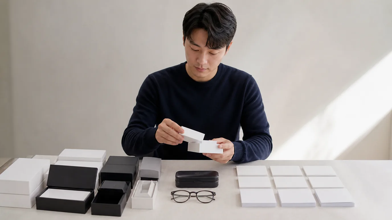 밝은 테이블에서 30대 한국인 성인이 서로 다른 렌즈 포장과 안경 케이스, 세 줄의 무문자 기록 카드를 정리하는 장면