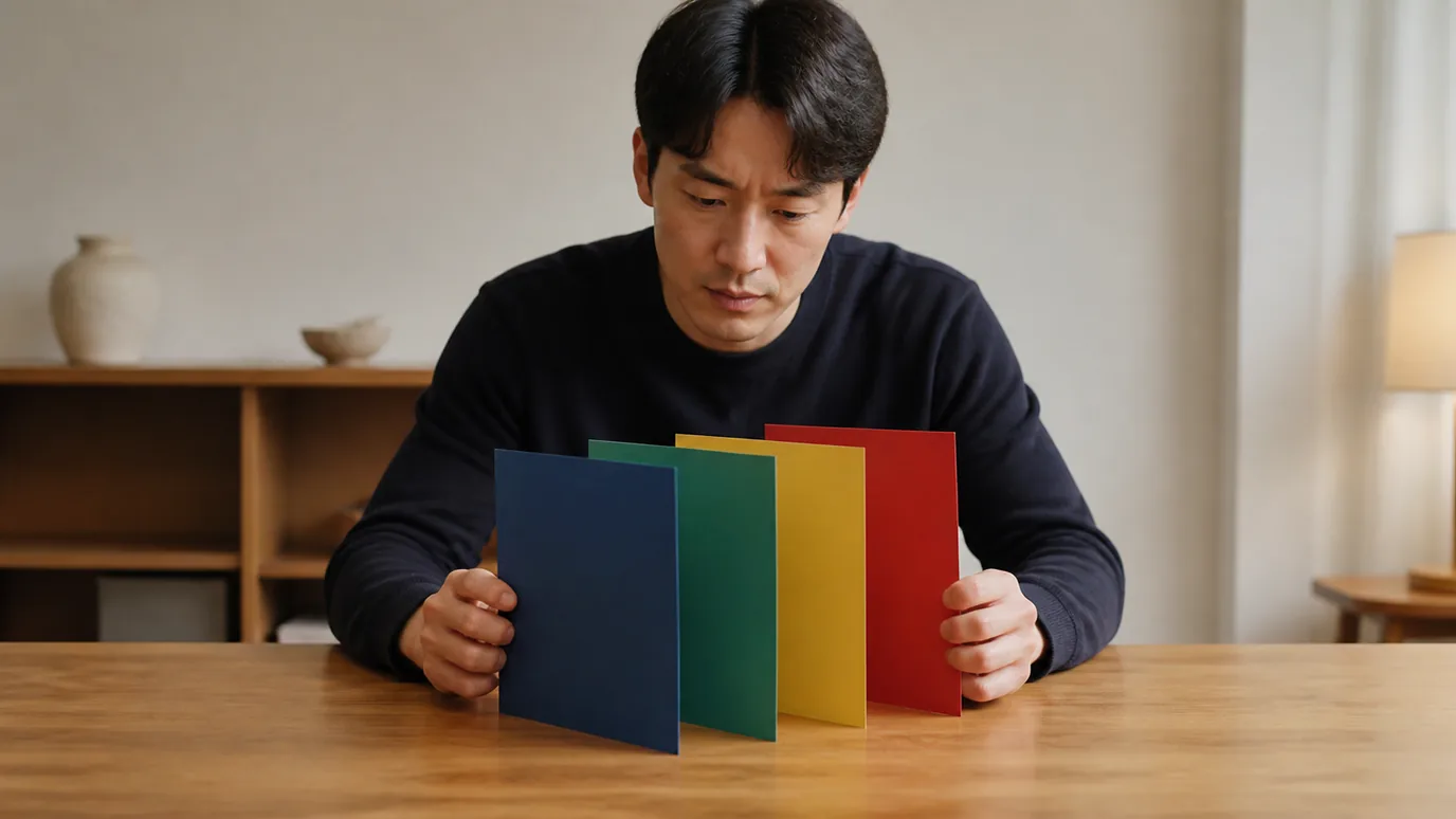 낮은 책상 앞 30대 한국인 성인이 단색 종이 네 장을 앞뒤가 보이도록 엇갈려 세워 빠진 면을 살펴보는 장면