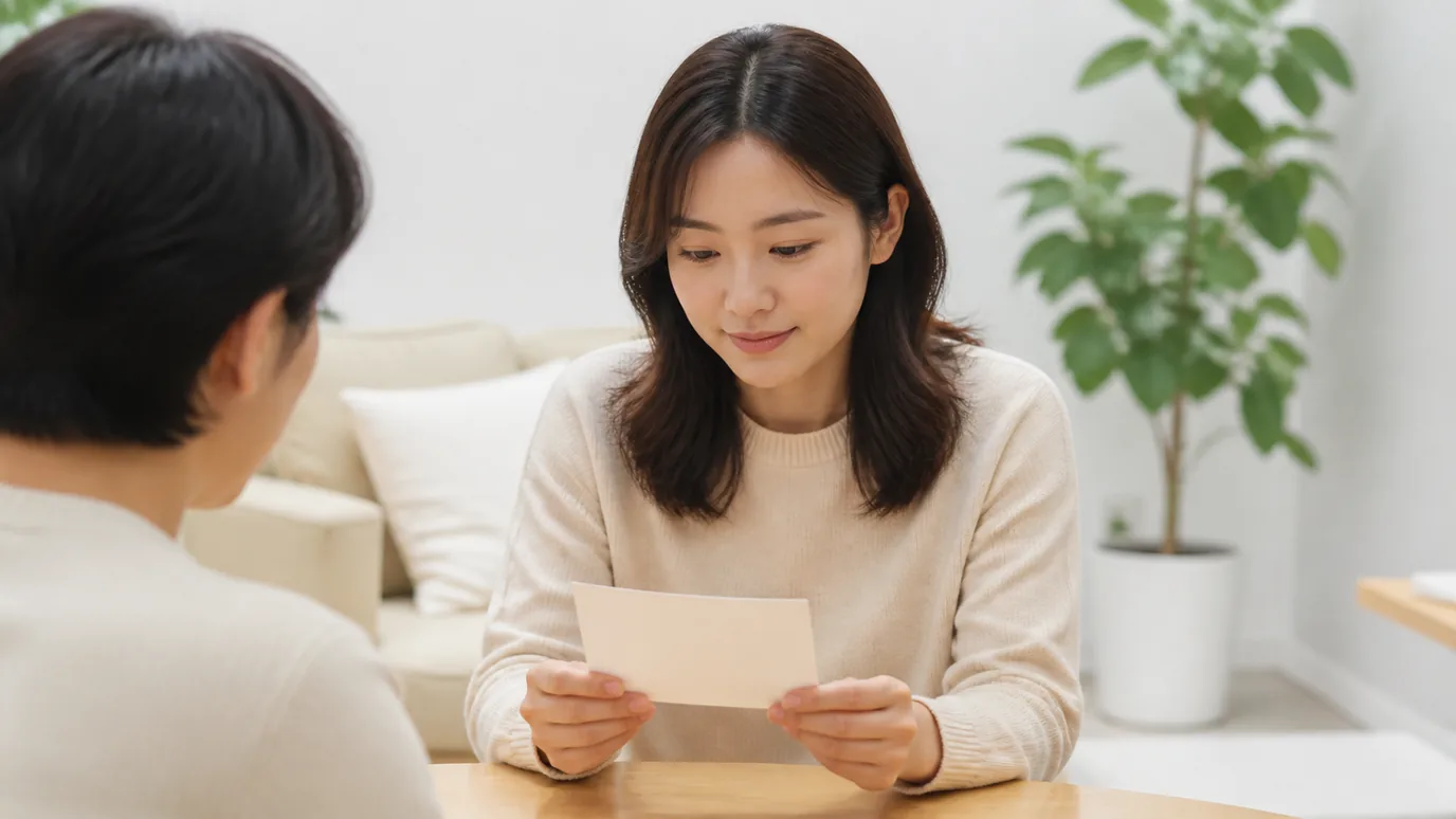 밝은 상담 공간에서 한국인 성인이 무표기 검사 봉투와 선택 카드를 차분히 대조하는 장면