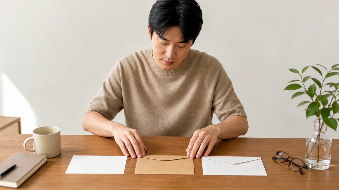 밝은 테이블에서 30대 한국인 성인이 출처 카드, 자격 봉투, 최종 안내 봉투를 순서대로 배열하는 장면