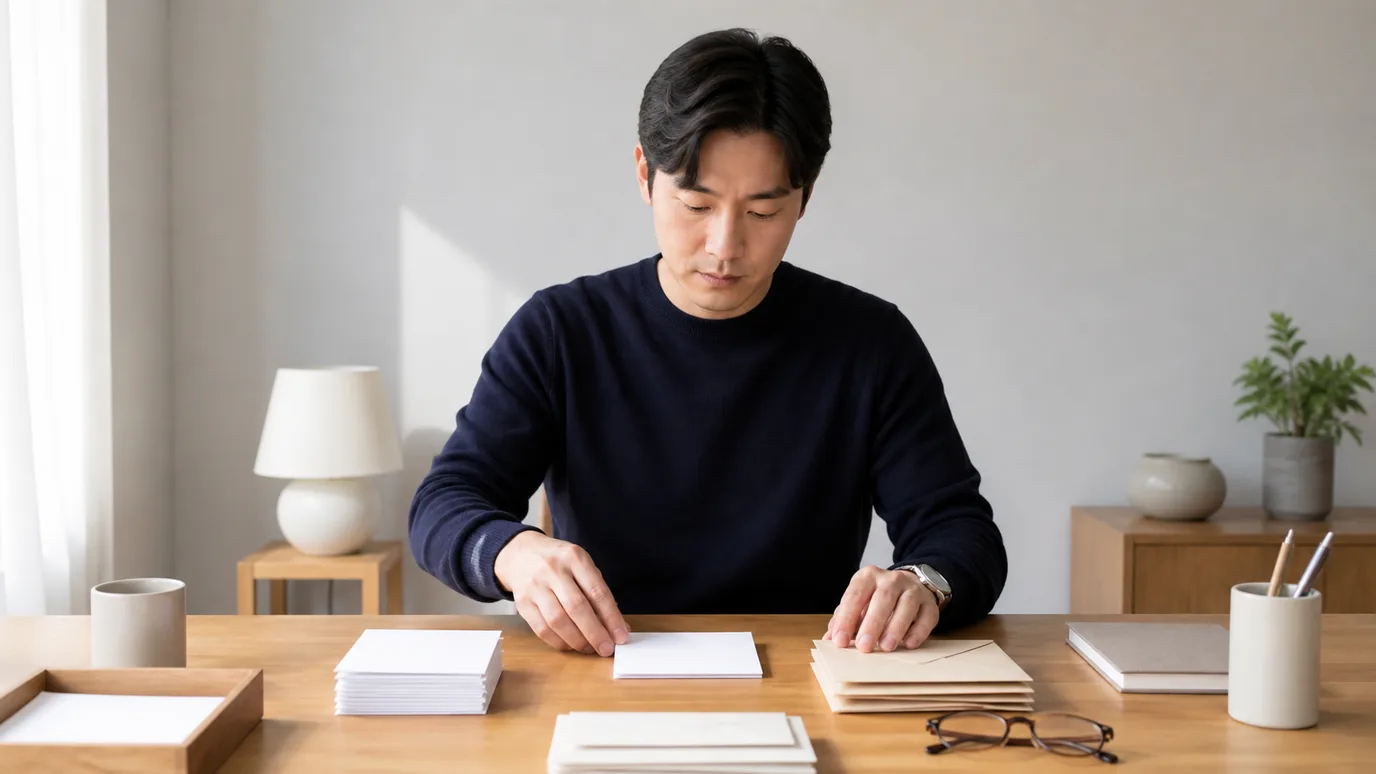 밝은 실내에서 30대 한국인 성인이 업무 장면 카드, 소속 증빙 봉투, 의료 상담 봉투를 세 구역으로 나누는 장면