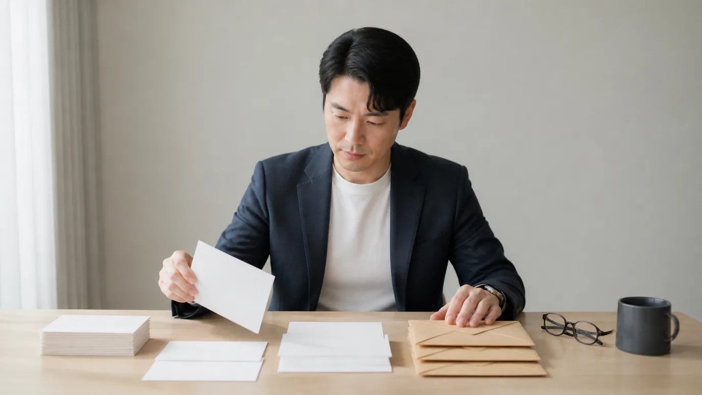 밝은 상담 테이블에서 30대 한국인 성인이 서로 다른 광고 카드와 공식 견적 봉투를 분리해 대조하는 장면