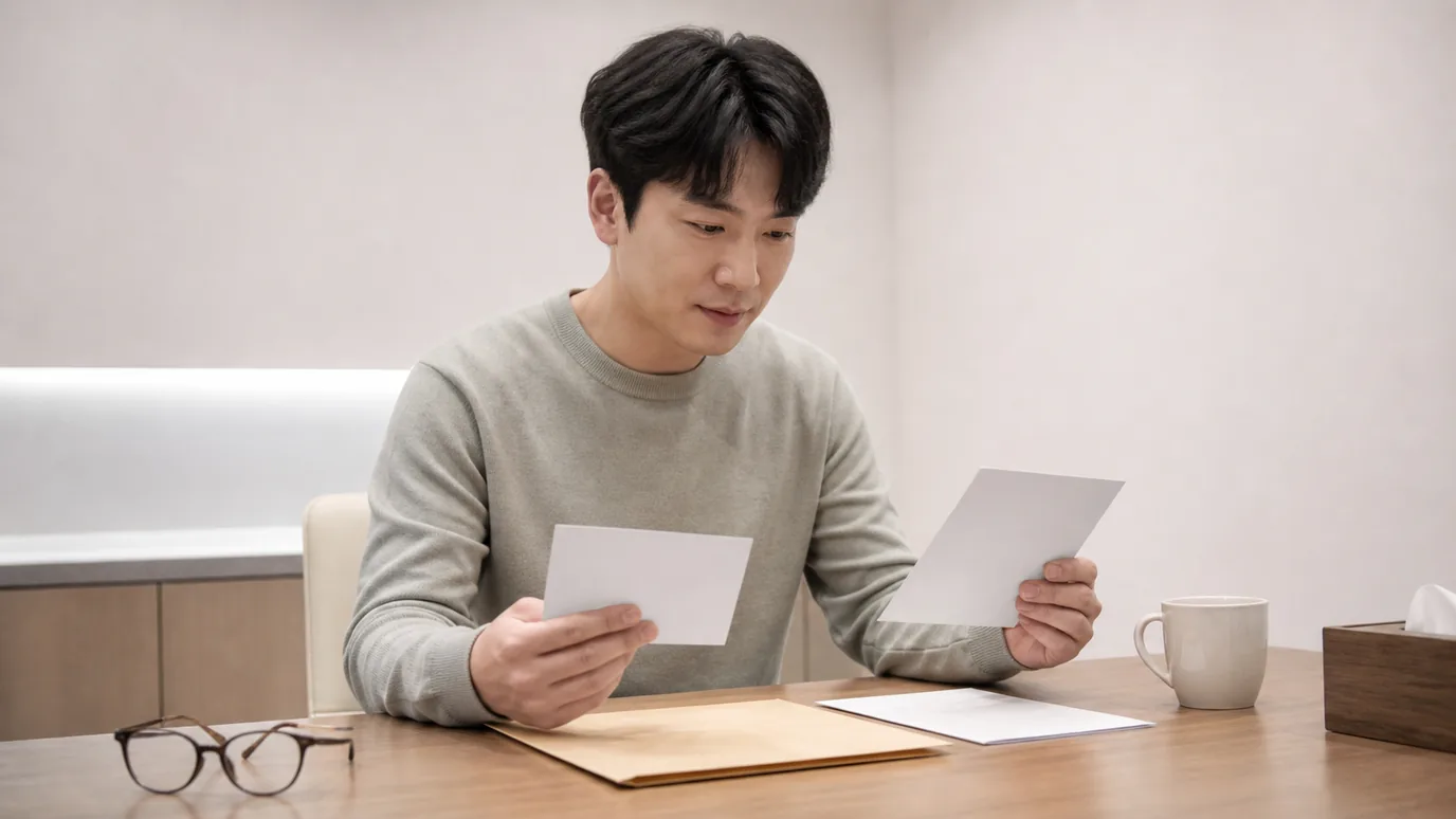 밝은 상담실에서 30대 한국인 성인이 장비 사진 카드와 검사 결과 봉투, 대안 카드를 차례로 살펴보는 장면