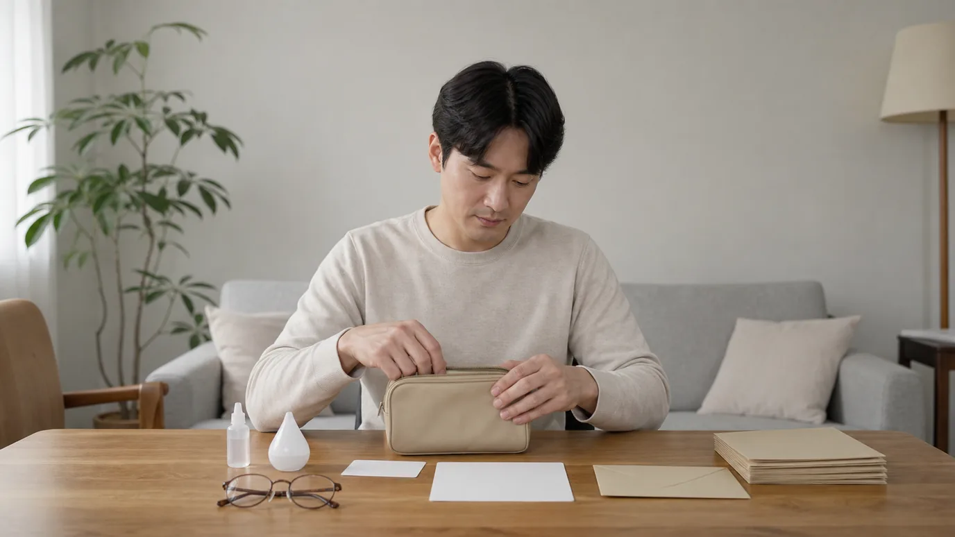 밝은 집에서 30대 한국인 성인이 동행용 가방과 점안제 형태의 소품, 무문자 연락 카드를 준비하는 장면