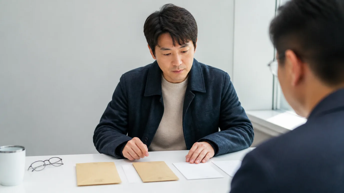 밝은 상담 테이블에서 30대 한국인 성인이 날짜가 다른 두 개의 봉인 문서와 확인 카드를 순서대로 놓는 장면