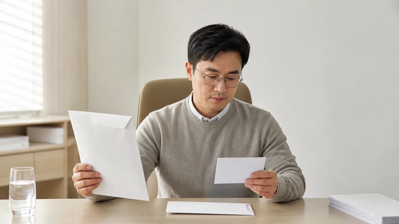 밝은 상담실에서 30대 한국인 성인이 검사 봉투, 질문 카드, 사후 연락 봉투를 차례로 확인하는 장면