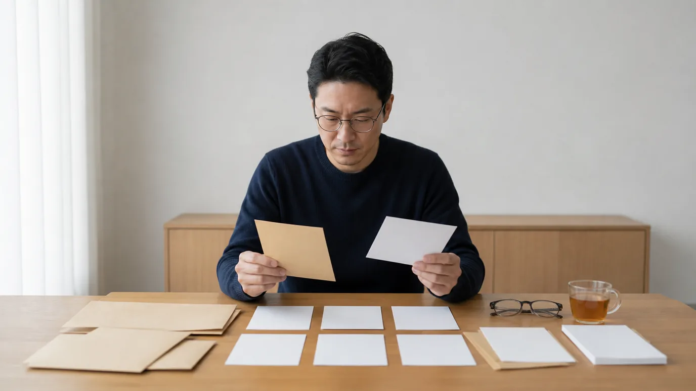 밝은 상담실에서 30대 한국인 성인이 서로 다른 검사 봉투와 보류·대안 카드가 놓인 테이블을 살펴보는 장면
