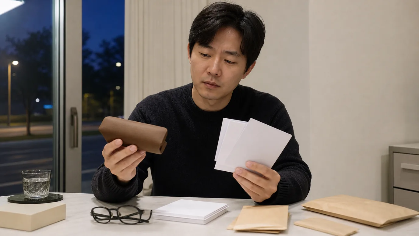 어두운 도로가 보이는 밝은 실내에서 30대 한국인 성인이 안경 케이스와 무문자 야간 관찰 카드를 살펴보는 장면