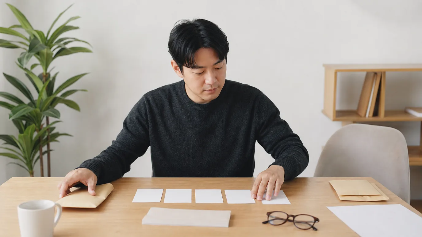 밝은 상담 테이블에서 30대 한국인 성인이 가격 봉투를 옆에 두고 검사·생활·사후·숙려 카드를 순서대로 배치하는 장면