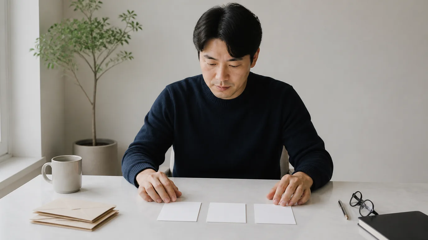 밝은 상담 테이블에서 30대 한국인 성인이 원리·비교·적합도를 뜻하는 세 개의 무문자 카드를 차례로 살펴보는 장면