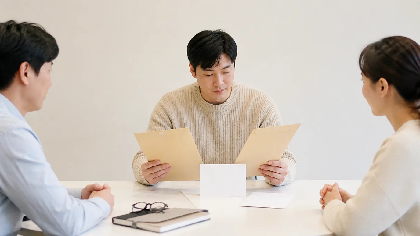 밝은 상담 테이블에서 30대 한국인 성인이 서로 다른 두 개의 술식 봉투와 정확한 계획 확인 카드를 대조하는 장면