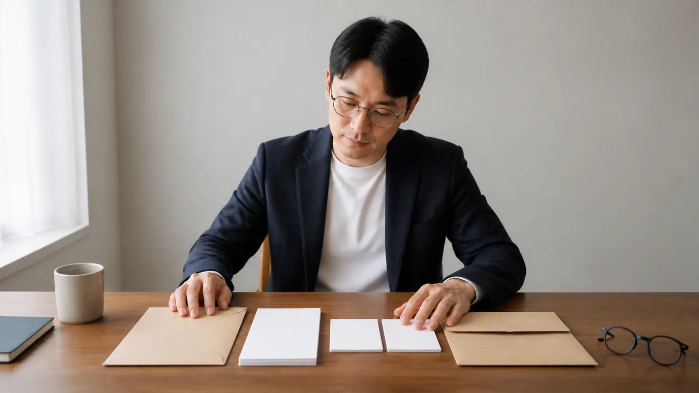밝은 상담실에서 30대 한국인 성인이 검사 봉투, 판단 갈림 카드, 제공 범위 봉투를 세 구역에 나누는 장면
