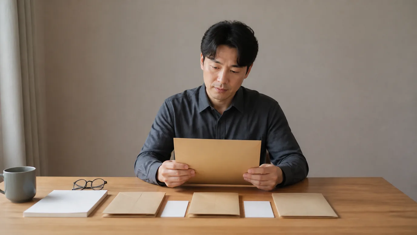 밝은 상담 테이블에서 30대 한국인 성인이 안경 케이스, 개인 기록 봉투, 여러 선택지 봉투와 최종 계획 봉투를 차례로 보는 장면