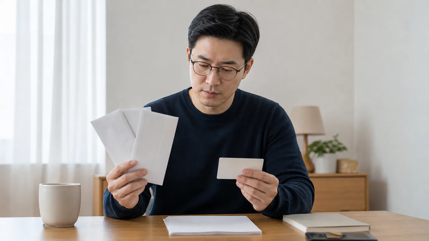밝은 상담 공간에서 30대 한국인 성인이 출처가 다른 세 개의 봉인 안내 봉투와 날짜 없는 확인 카드를 순서대로 살펴보는 장면