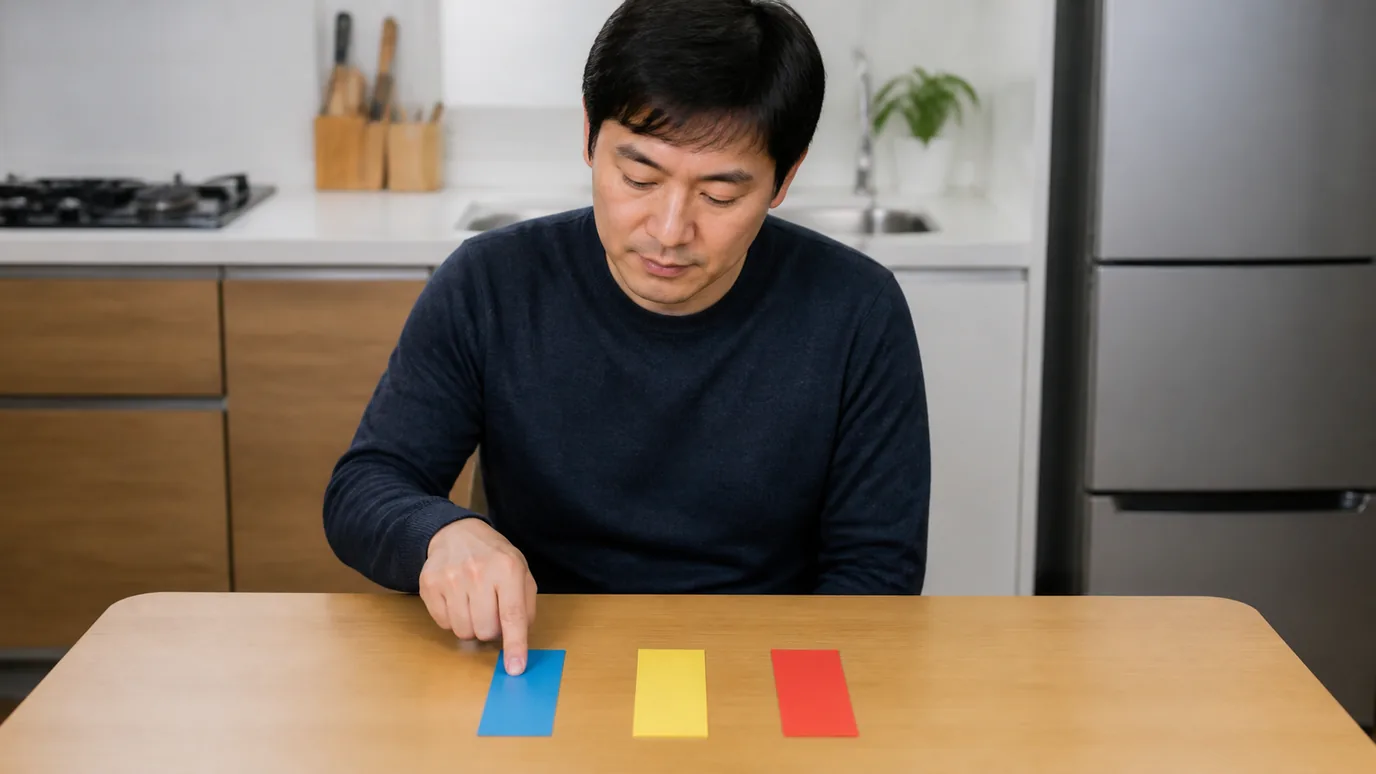 주방 옆 작은 탁자에서 40대 한국인 성인이 단색 종이 띠 세 장을 서로 겹치지 않게 놓고 순서를 짚는 장면