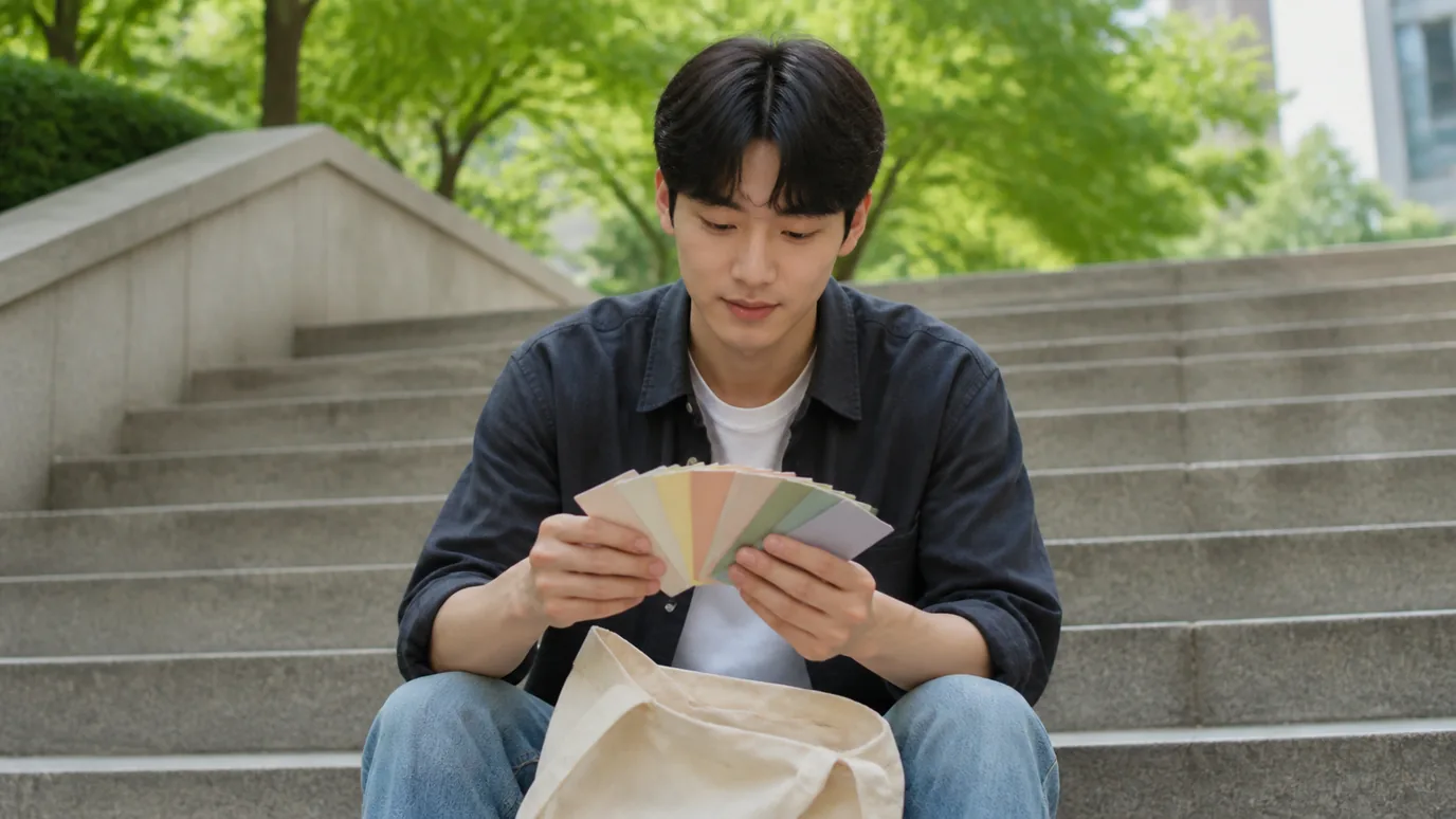 캠퍼스풍 야외 계단에 앉은 20대 한국인 성인이 단색 종이 카드 여러 장을 천 가방에서 꺼내 반원으로 펼치는 장면