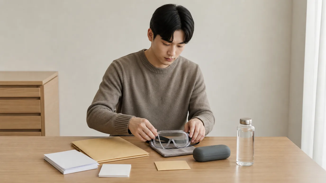 밝은 실내에서 일반 복장의 20대 한국인 성인이 보호안경, 닫힌 물병, 활동 기록 봉투와 안경 케이스를 정리하는 장면, 제복 표현 없음