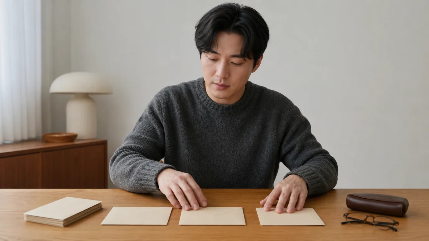 밝은 집에서 일반 복장의 20대 한국인 성인이 입대 전, 복무 중, 전역 뒤를 뜻하는 세 개의 무문자 봉투와 안경 케이스를 놓는 장면, 제복 표현 없음