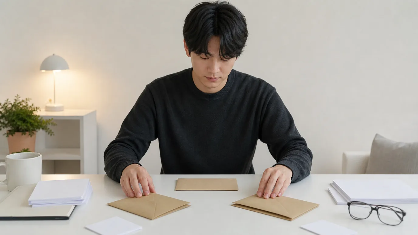 밝은 상담 공간에서 일반 복장의 20대 한국인 성인이 검사, 일정 승인, 사후관리 봉투 세 개를 삼각형으로 배치하는 장면, 제복 표현 없음
