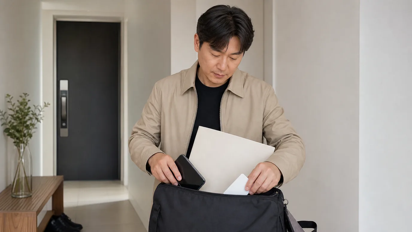 밝은 현관에서 40대 한국인 성인이 휴대전화와 봉인된 진료 기록 봉투, 작은 무문자 이동 카드를 가방에 넣는 장면