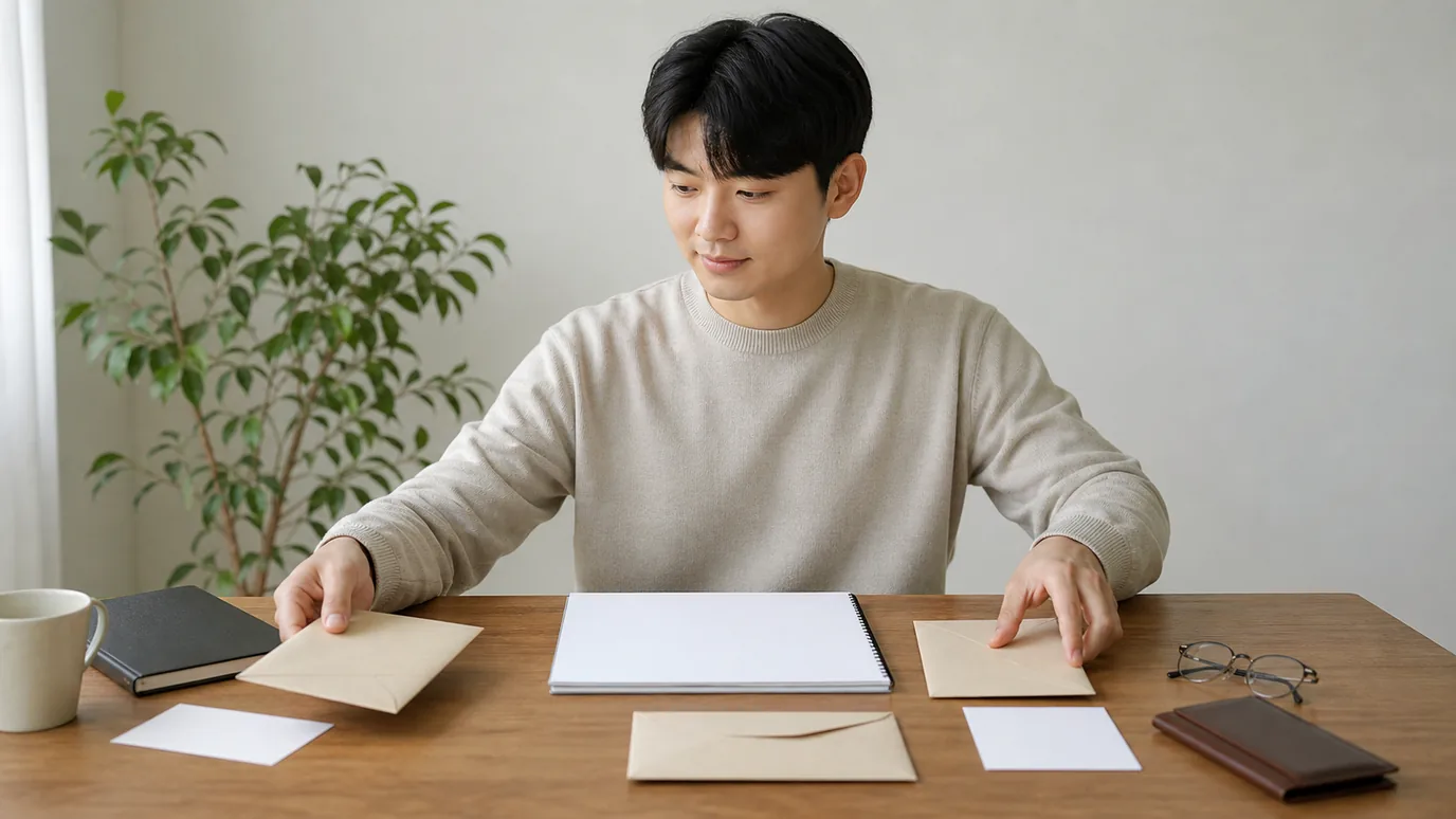 밝은 상담 테이블에서 20대 한국인 성인이 자격 봉투, 적용 항목 봉투와 제외 항목 봉투를 한 장의 빈 노트 주변에 놓는 장면