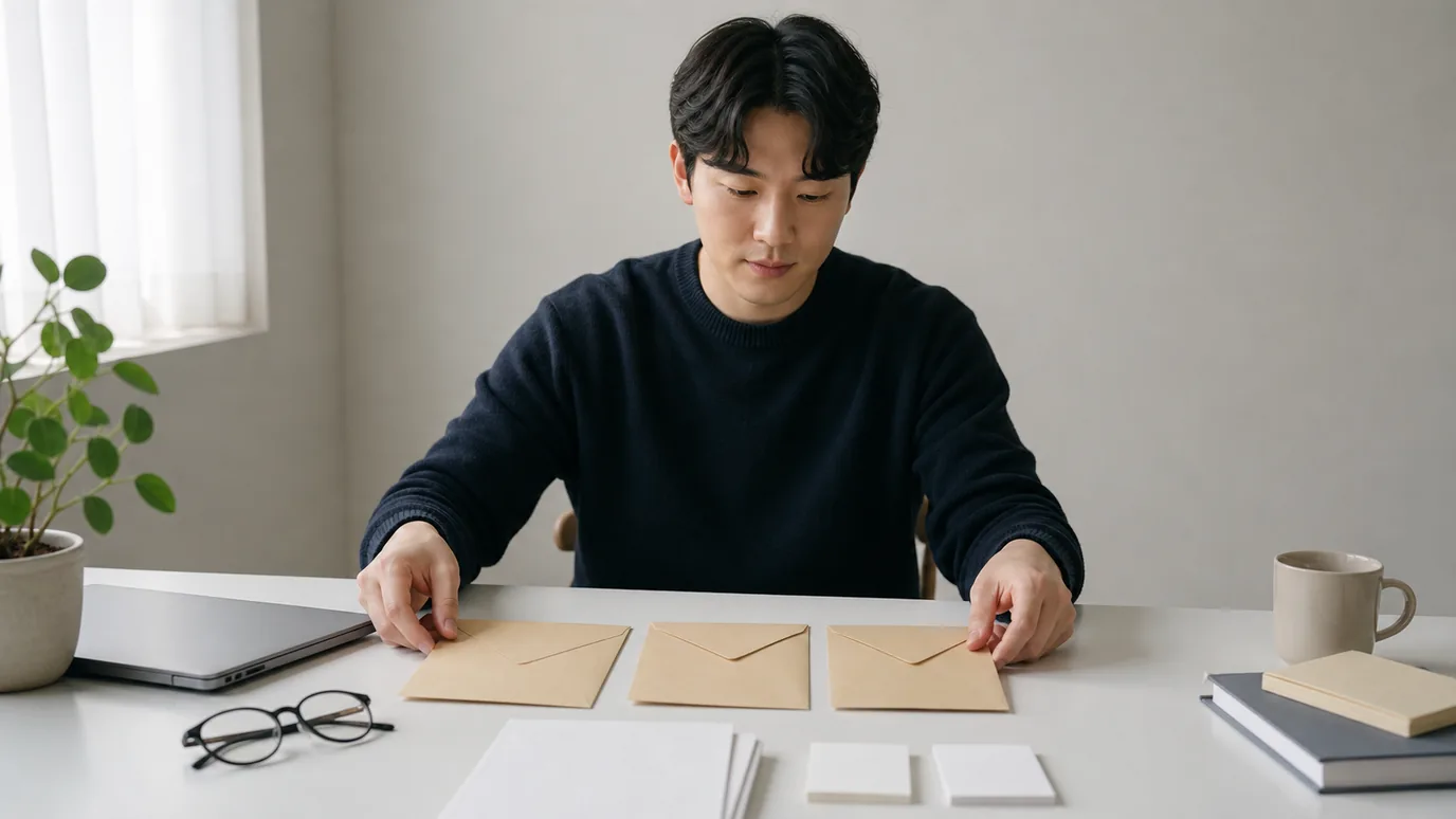 밝은 책상에서 20대 한국인 성인이 닫힌 노트북 옆에 운영 주체, 학생 인증, 판매 책임을 뜻하는 세 봉투를 놓는 장면