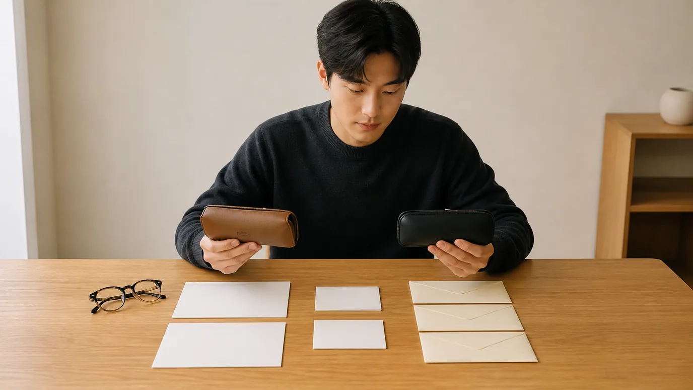 밝은 공부 공간에서 20대 한국인 성인이 두 개의 안경 케이스와 동시·순차를 암시하는 서로 다른 배치의 봉투를 살펴보는 장면