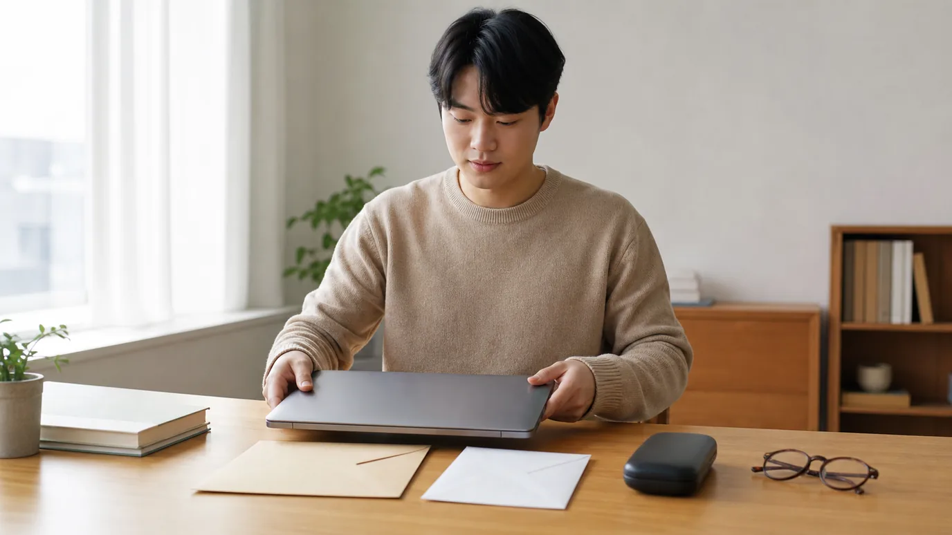 밝은 공부 공간에서 20대 한국인 성인이 닫힌 노트북, 시험 자료 봉투, 안경 케이스와 진료 일정 봉투를 배치하는 장면