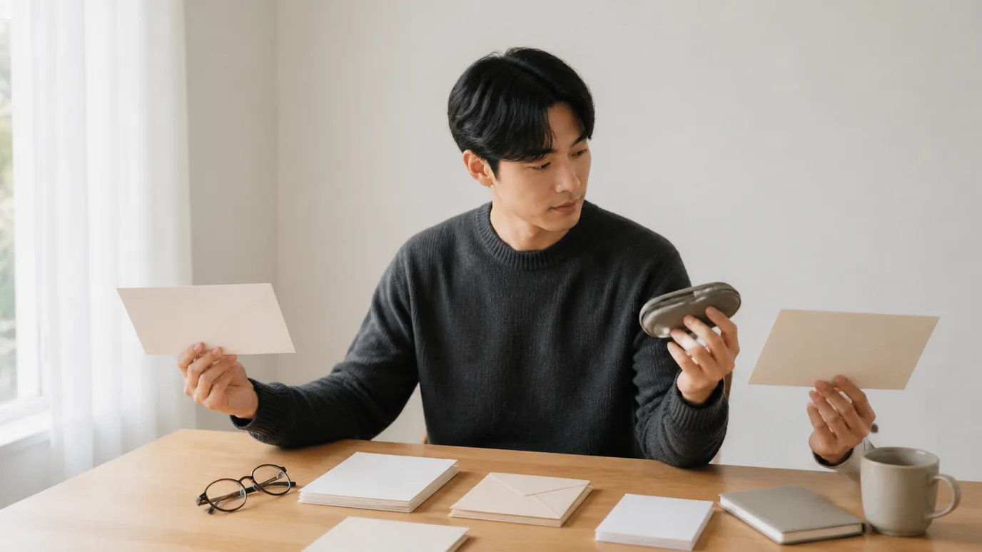 밝은 공부 공간에서 20대 한국인 성인이 현재 시력 기록 봉투와 먼 미래 질문 봉투를 서로 떨어뜨려 놓고 안경 케이스를 살펴보는 장면