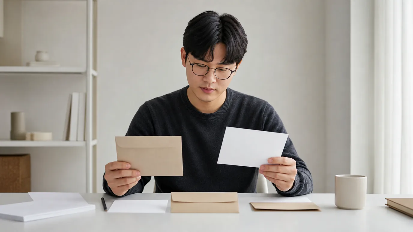 밝은 공부 공간에서 20대 한국인 성인이 출처 봉투, 개인 검사 봉투, 관찰·연락 봉투를 차분히 대조하는 장면