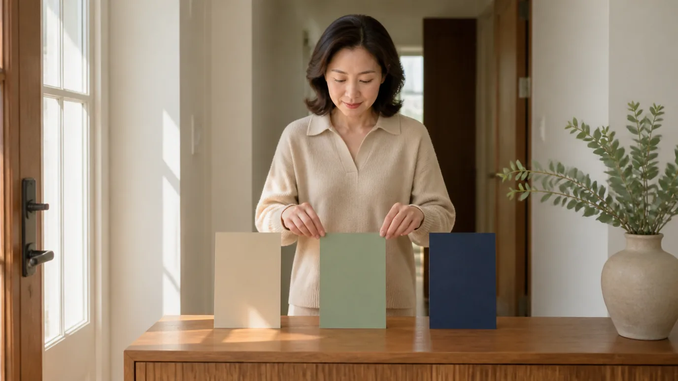 햇빛 드는 현관 콘솔 앞에서 40대 한국인 성인이 색이 다른 단색 종이 표찰 세 장을 간격 있게 세워 비교하는 장면
