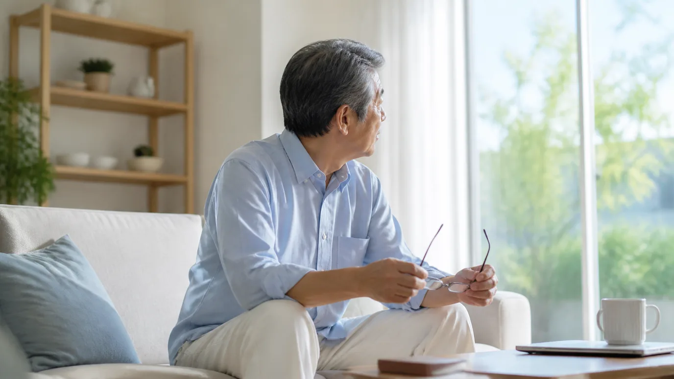 햇살 드는 거실에서 60대 한국인 성인이 안경을 손에 든 채 가까운 물건과 먼 창밖을 번갈아 바라보는 장면