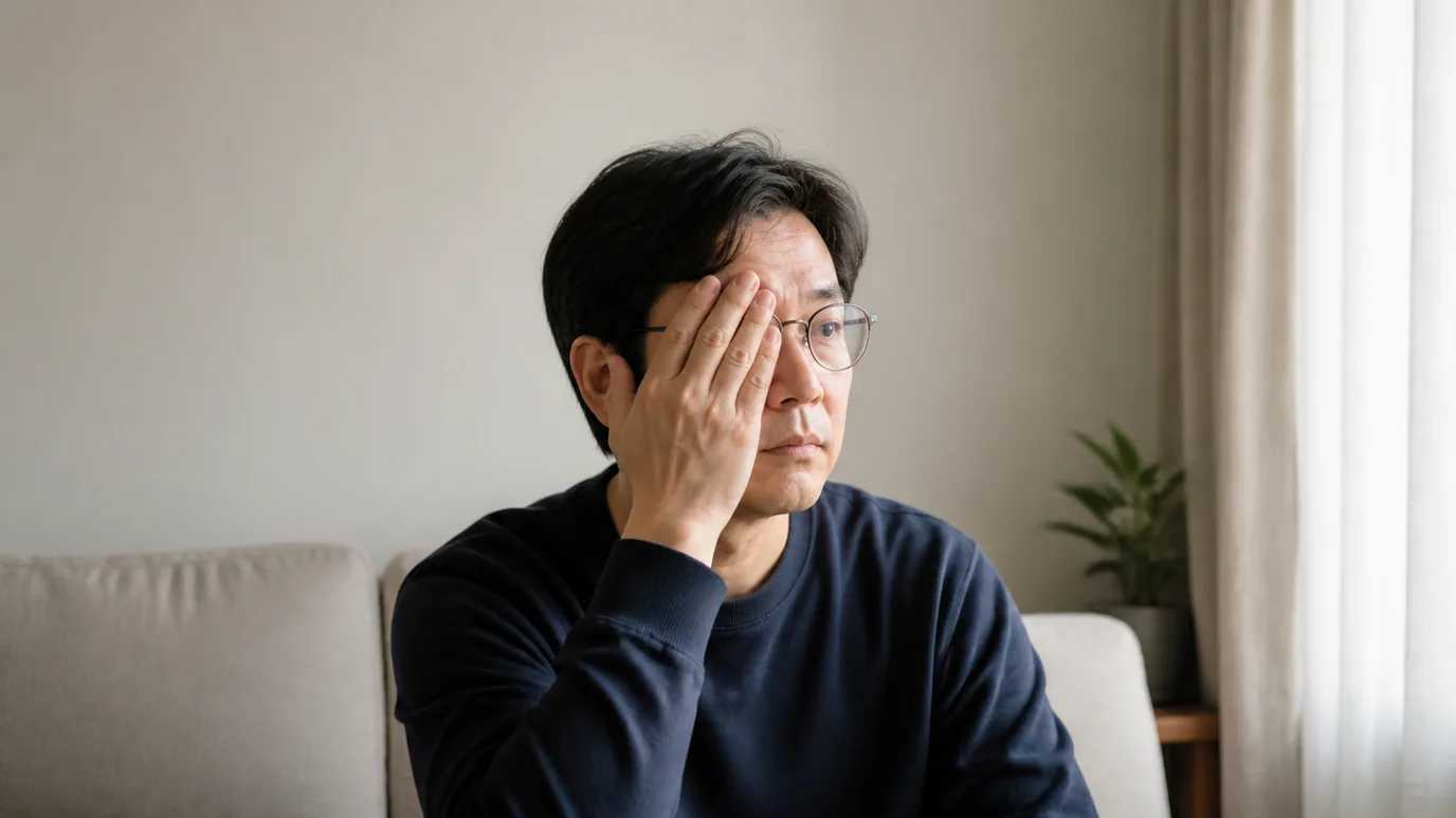 자연광이 드는 방에서 40대 한국인 성인이 안경을 쓴 채 한쪽 눈씩 먼 사물을 확인하는 장면