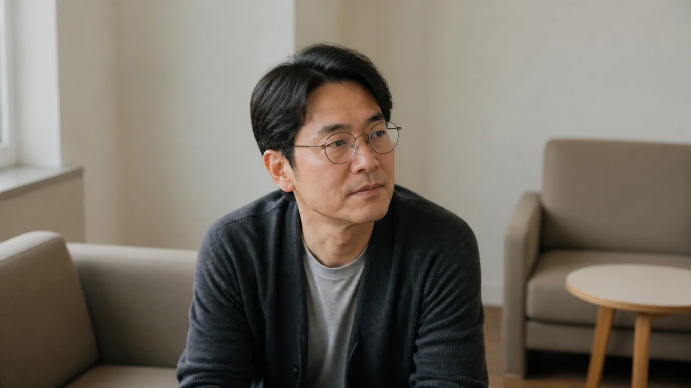 조용한 휴게 공간에서 40대 한국인 성인이 안경을 쓴 채 차분히 생각하는 장면