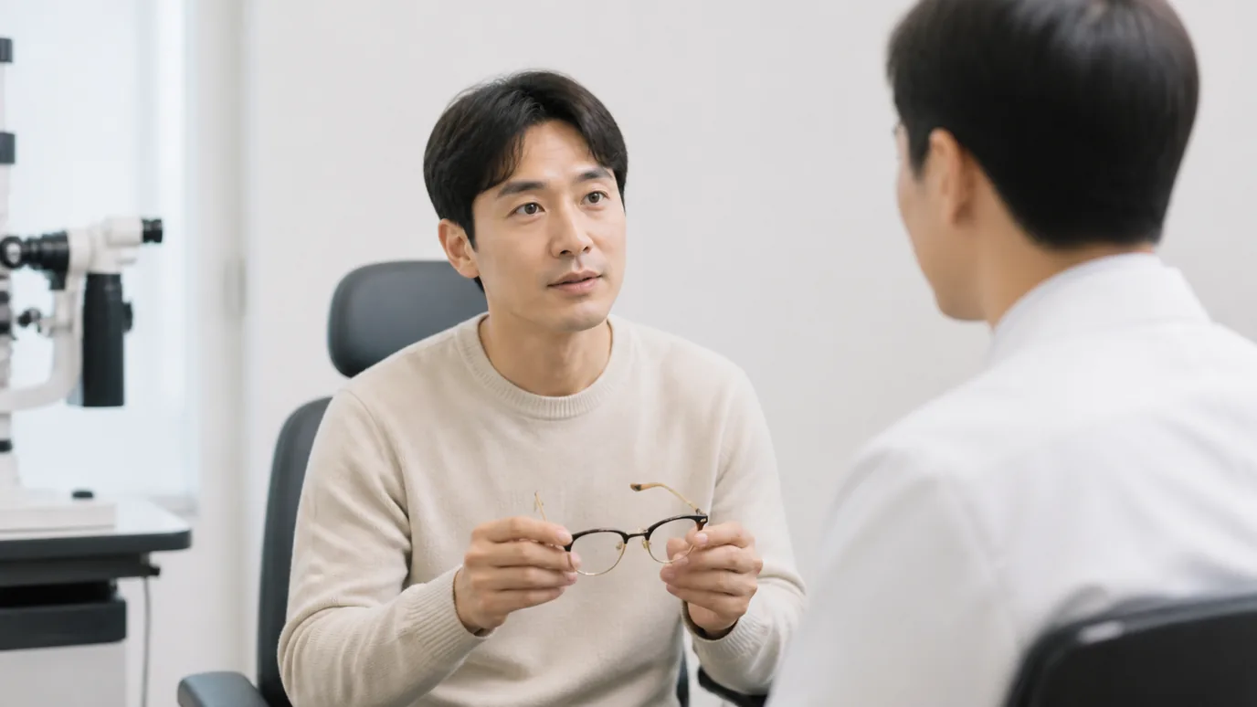 밝고 단정한 검사실에서 30대 한국인 성인이 안경을 손에 든 채 한국인 의료진의 설명을 듣는 장면