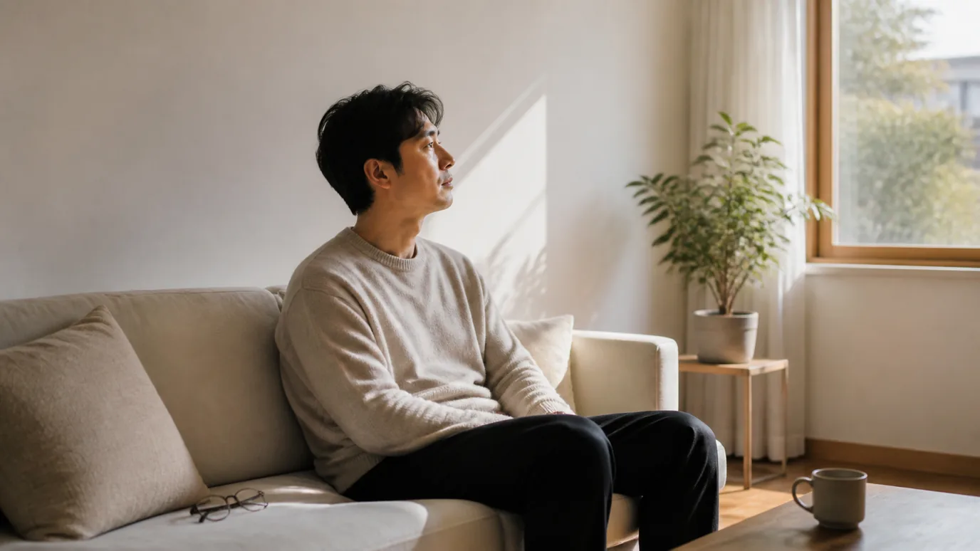 햇살이 부드러운 거실에서 30대 한국인 성인이 안경을 옆에 두고 먼 창밖을 바라보는 장면