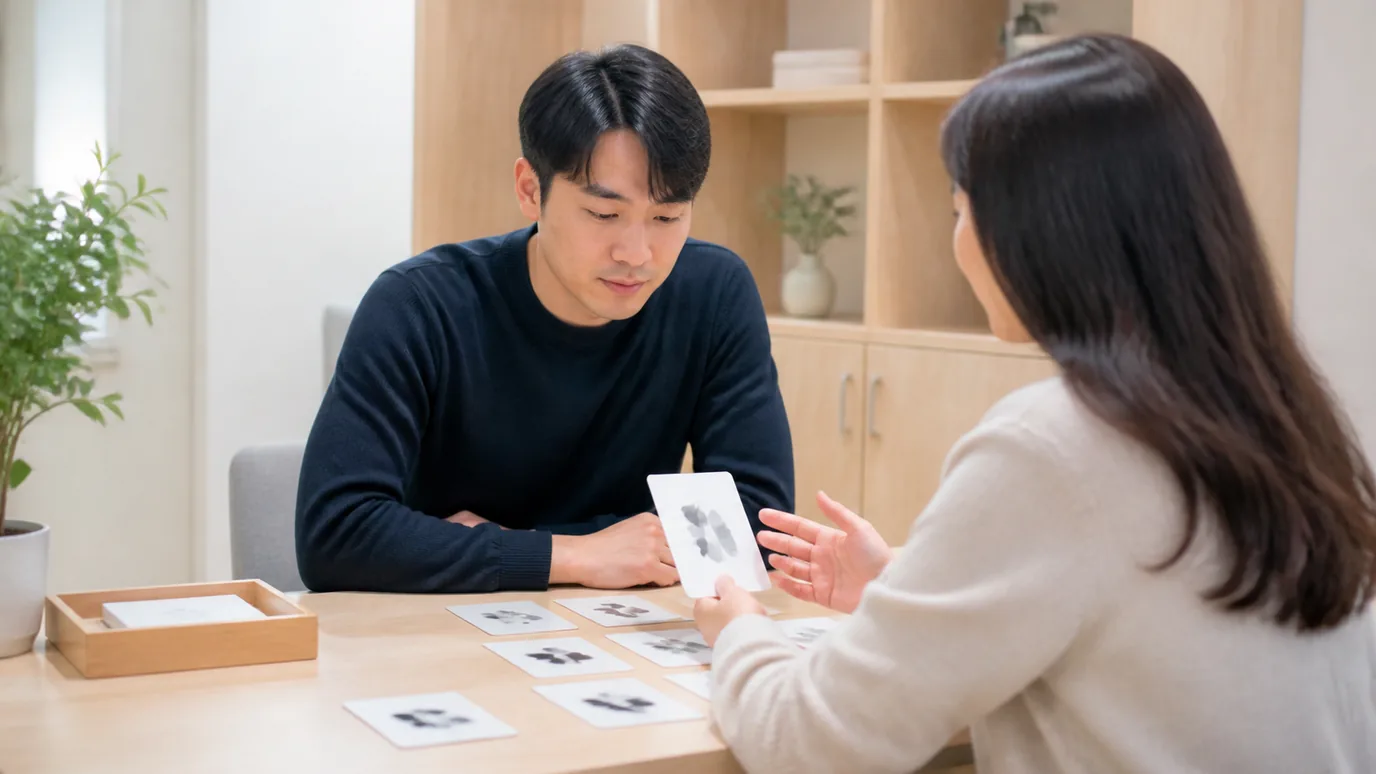 밝은 상담 공간에서 한국인 성인이 무표기 검사 봉투와 선택 카드를 차분히 대조하는 장면
