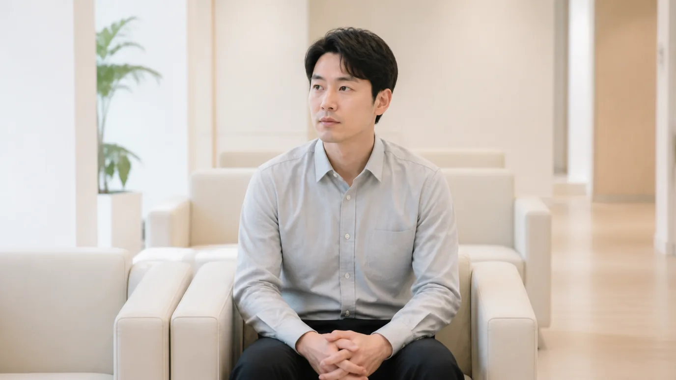 밝은 상담 공간에서 한국인 성인이 무표기 검사 봉투와 선택 카드를 차분히 대조하는 장면