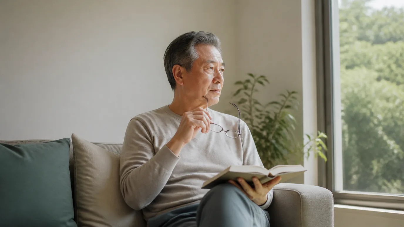 햇살이 드는 거실에서 60대 한국인 성인이 안경을 손에 든 채 가까운 책과 먼 창밖을 번갈아 바라보는 장면