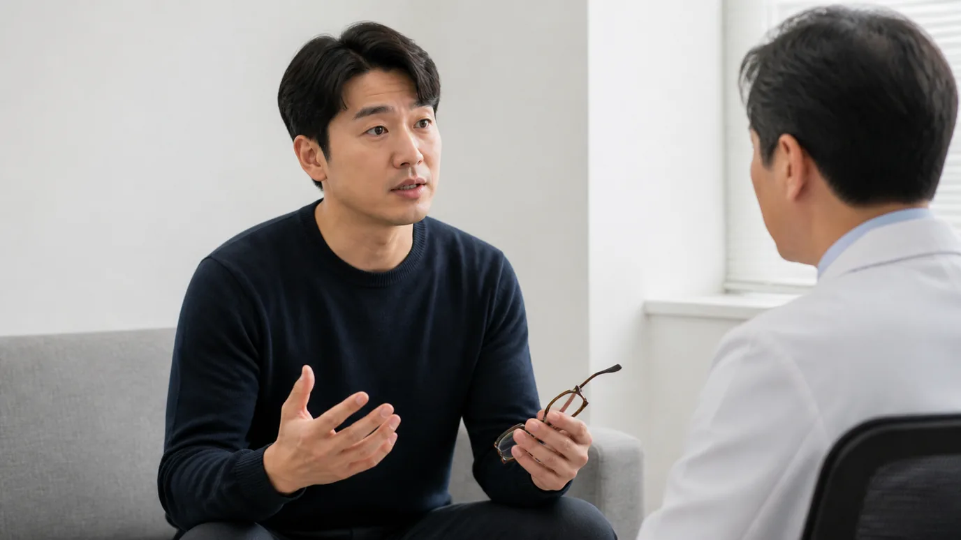 밝은 상담실에서 30대 한국인 성인이 안경을 손에 든 채 한국인 의료진과 진지하게 대화하는 장면