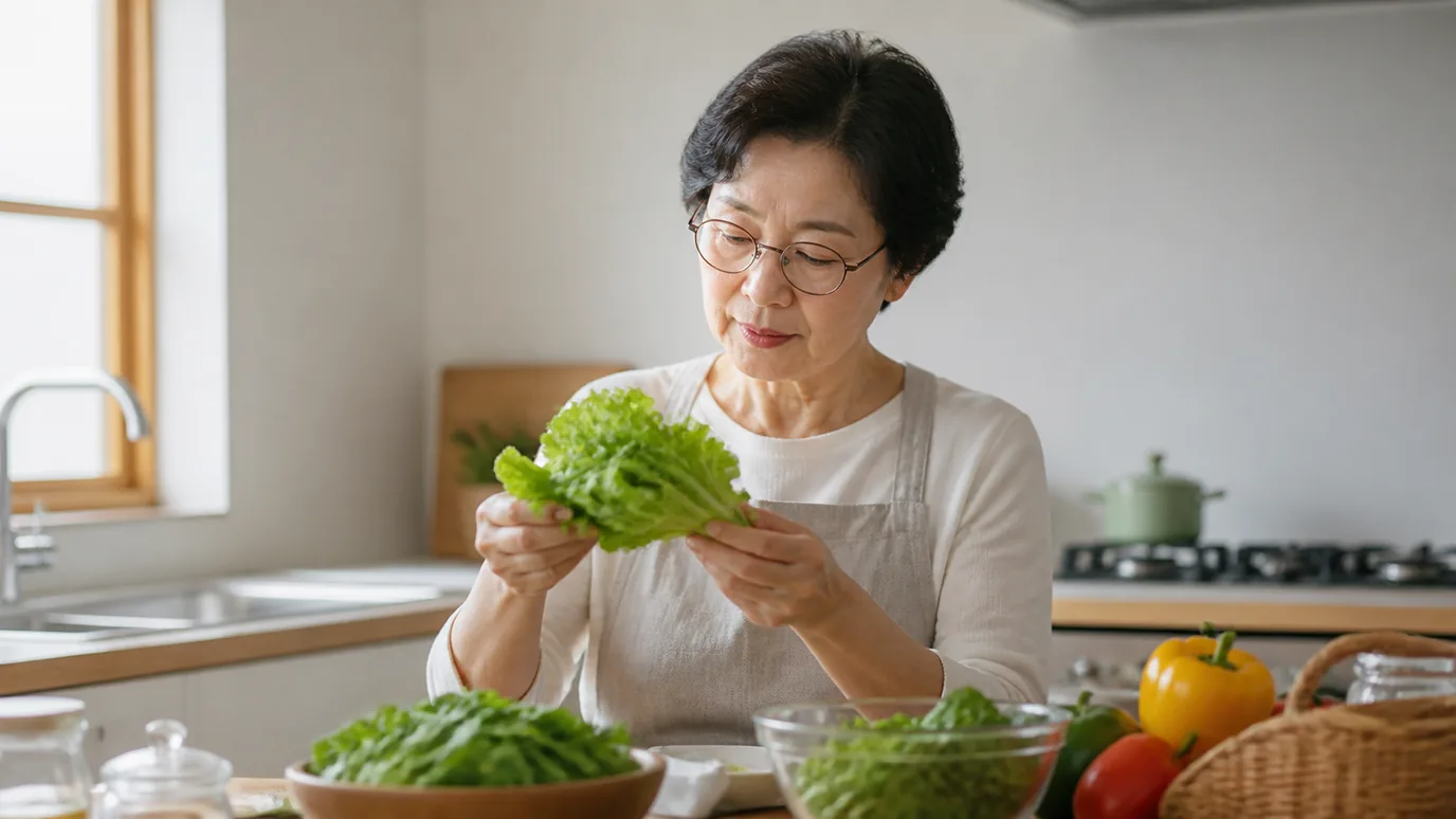 햇살이 드는 주방에서 60대 한국인 성인이 안경을 쓴 채 가까운 재료를 차분히 살펴보는 장면