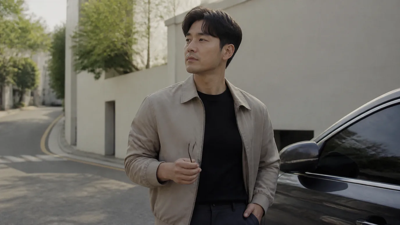 낮의 주차된 차량 옆에서 30대 한국인 성인이 안경을 손에 든 채 먼 도로를 살펴보는 장면